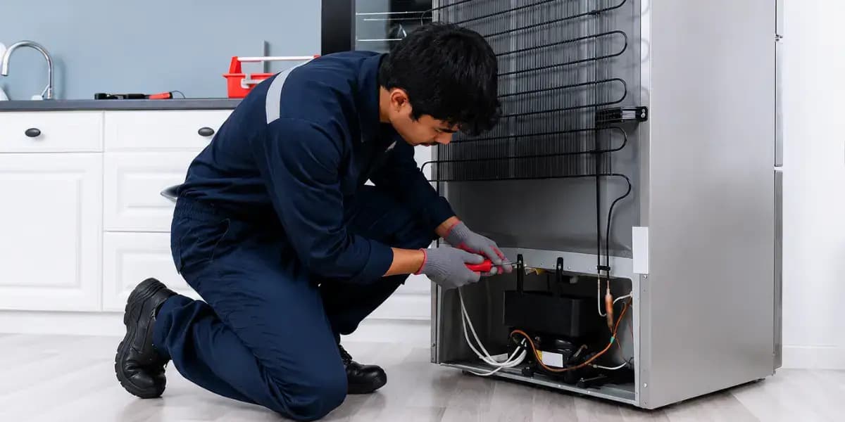 Technician repairing a refrigerator